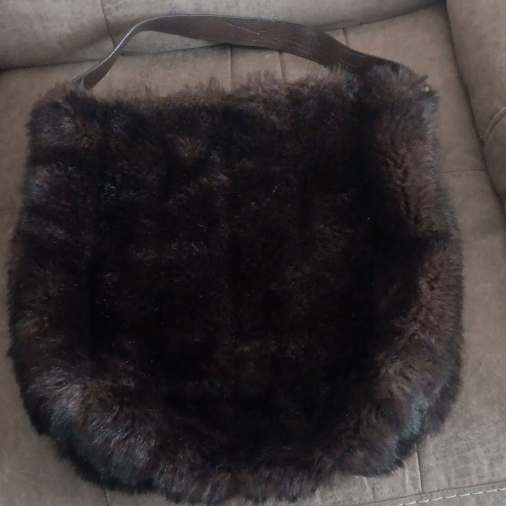 Bath & Body Works Purse Brown Soft Faux Fur Shoulder Hobo Bag Tote  16”x16”